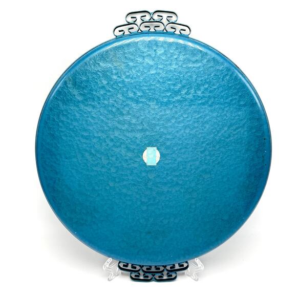 Vintage Moire Glaze Kyes Blue Serving Platter Tray with Handles 12.75” Round MCM - Picture 2 of 8